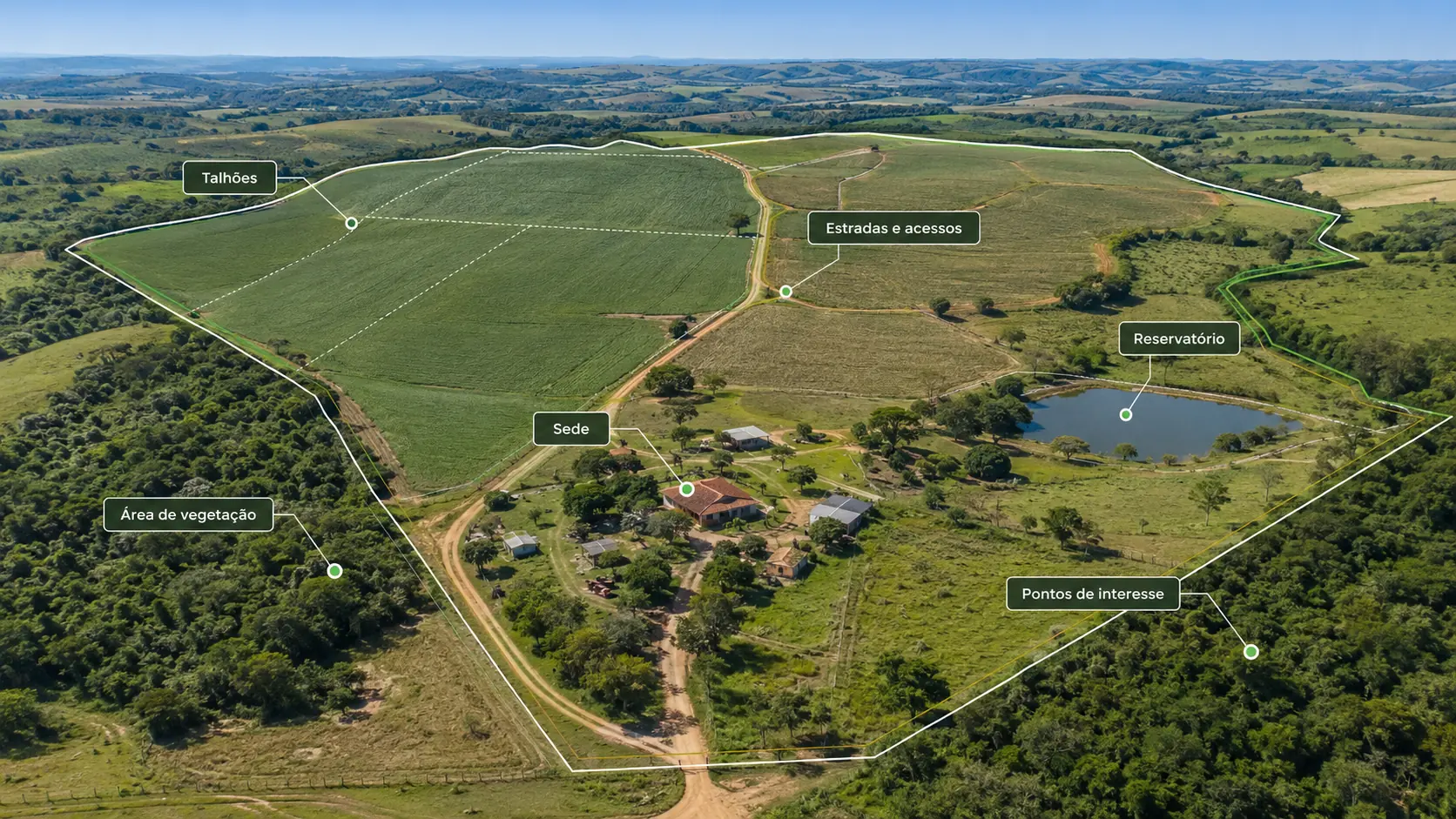 Demonstração sobre ilustração aérea de uma propriedade fictícia: Risco elevado na borda oeste. Ilustração aérea de propriedade rural com perímetro desenhado, talhões, sede, reservatório e mata no entorno
