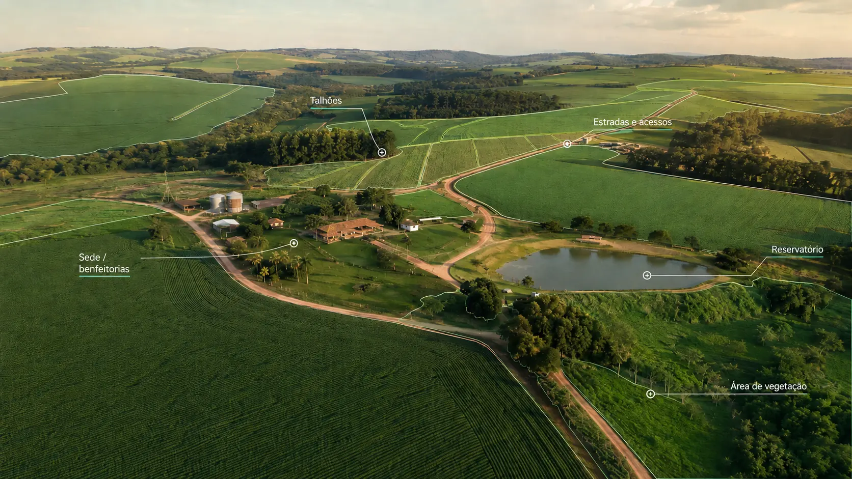 Ilustração aérea de propriedade rural com sede, silos, talhões, reservatório e área de vegetação