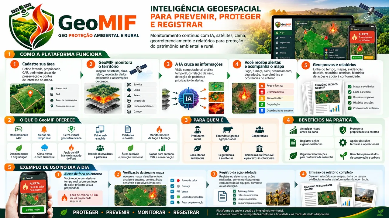 Infográfico GeoMIF: como a plataforma funciona em cinco passos, o que oferece, para quem é, benefícios na prática e exemplo de uso no dia a dia