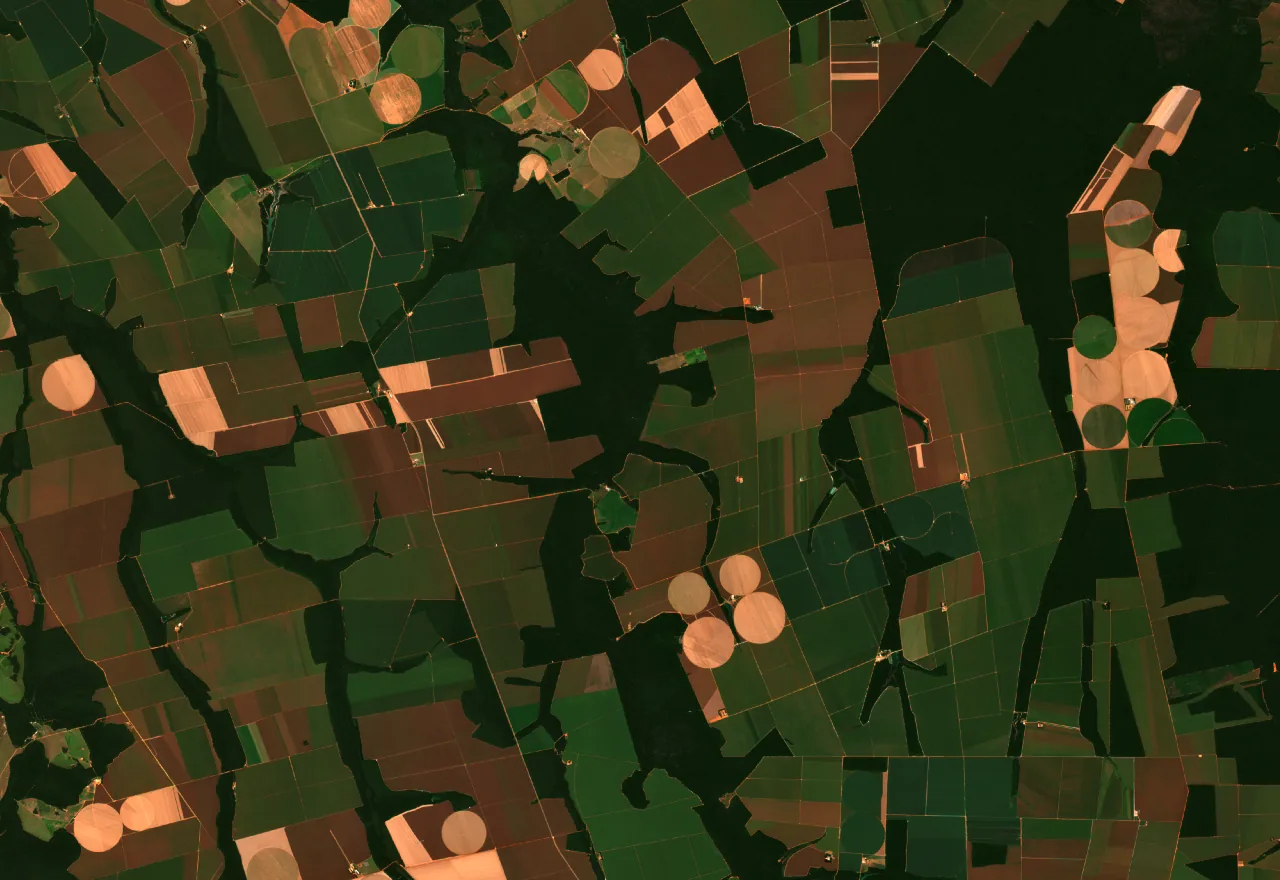 Recorte real Sentinel-2 de 40 por 27,5 km com perímetro fictício, faixas de 1, 5 e 10 km e um pixel VIIRS em tamanho real